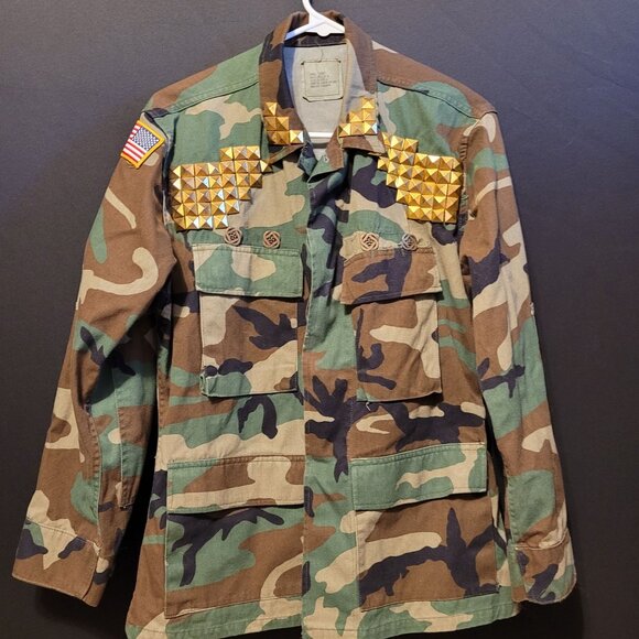 Vintage Upcycle Military BDU Print Button Up Joe Exotic Gold Studs American Flag - Picture 5 of 11